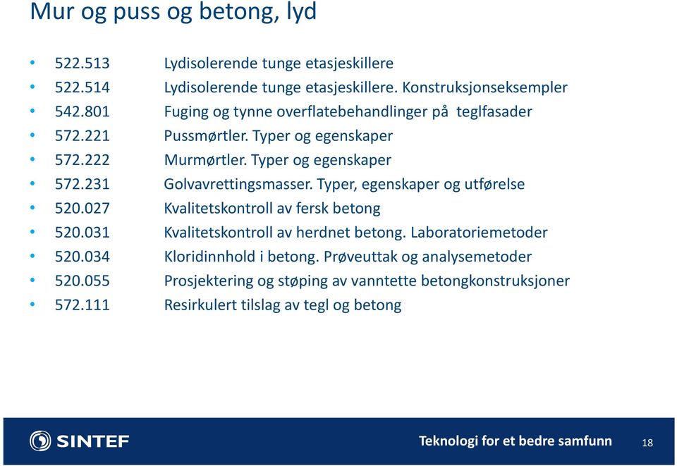 Typer, egenskaper og utførelse 520.027 Kvalitetskontroll av fersk betong 520.031 Kvalitetskontroll av herdnet betong. Laboratoriemetoder 520.