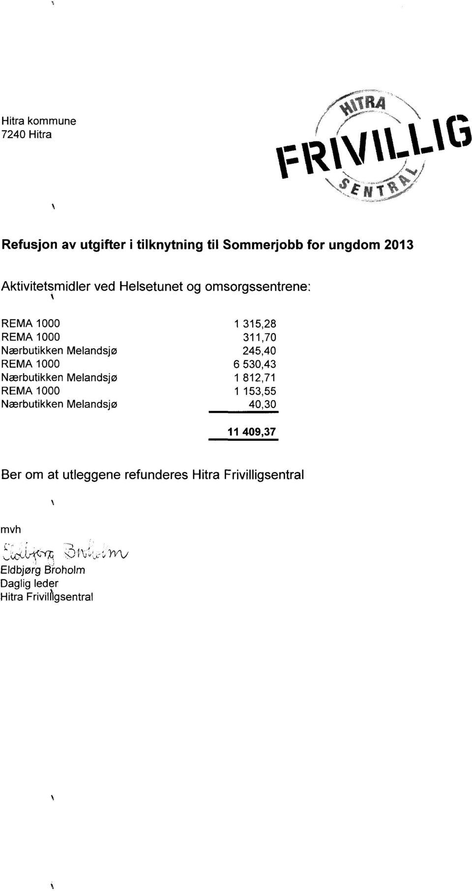 245,40 REMA 1000 6 530,43 Nærbutikken Melandsjø 1 812,71 REMA 1000 1 153,55 Nærbutikken Melandsjø 40,30 11