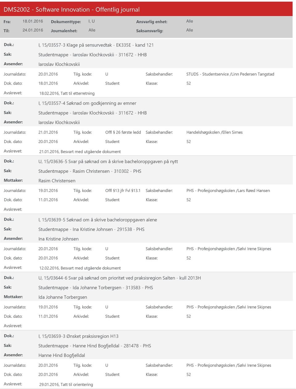 01.2016, Besvart med utgående dokument, 15/03636-5 Svar på søknad om å skrive bacheloroppgaven på nytt Studentmappe - Rasim Christensen - 310302 - PHS Rasim Christensen PHS - Profesjonshøgskolen