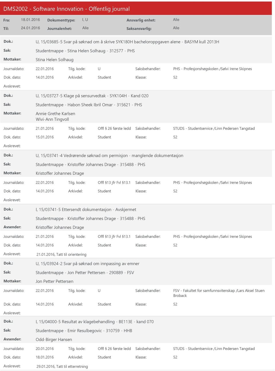 2016 Student, 15/03727-5 Klage på sensurvedtak - SYK104H - Kand 020 Studentmappe - Habon Sheek Ibril Omar - 315621 - PHS Annie Grethe Karlsen Wivi-Ann Tingvoll STDS - Studentservice /Linn Pedersen