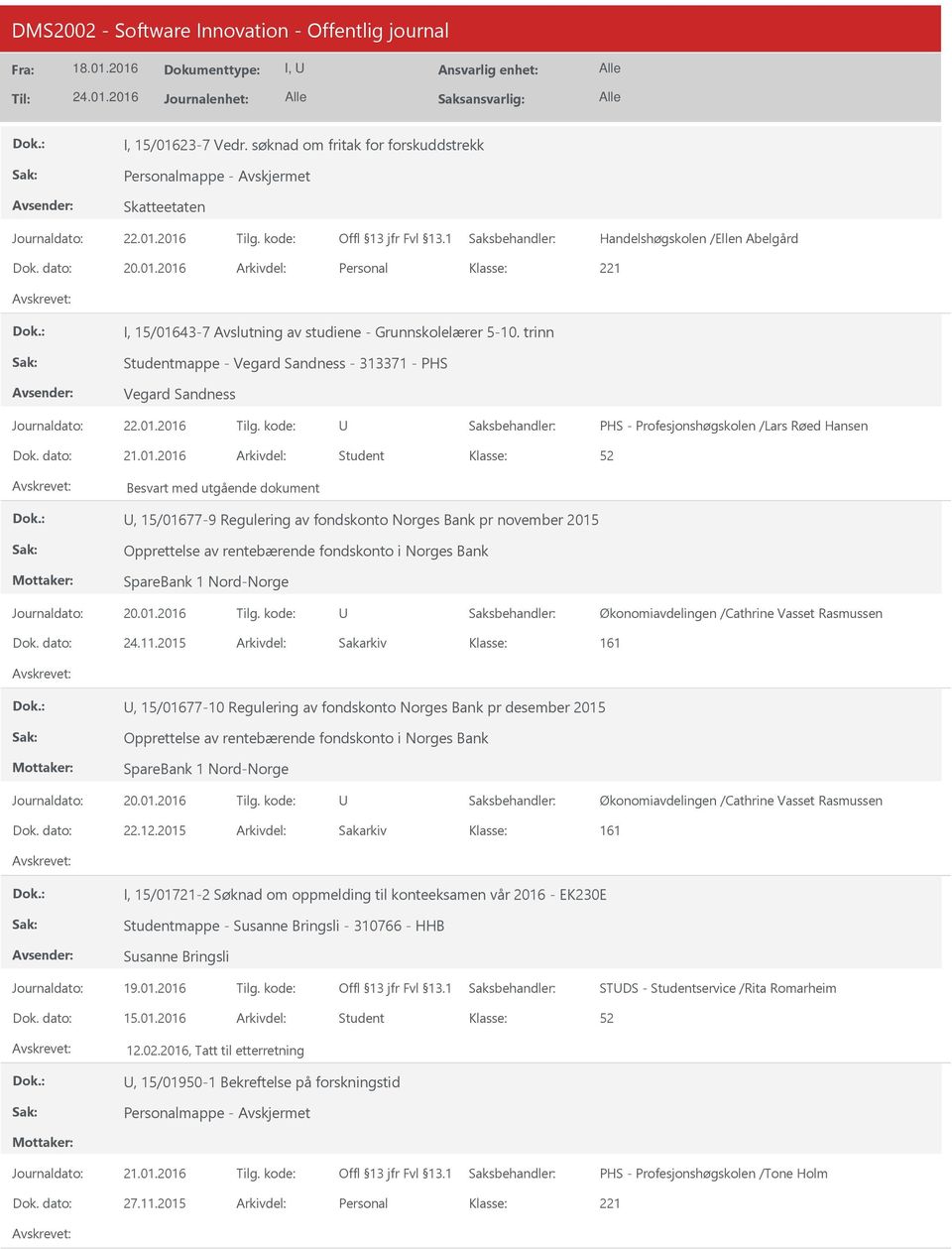 2016 Student Besvart med utgående dokument, 15/01677-9 Regulering av fondskonto Norges Bank pr november 2015 Opprettelse av rentebærende fondskonto i Norges Bank SpareBank 1 Nord-Norge