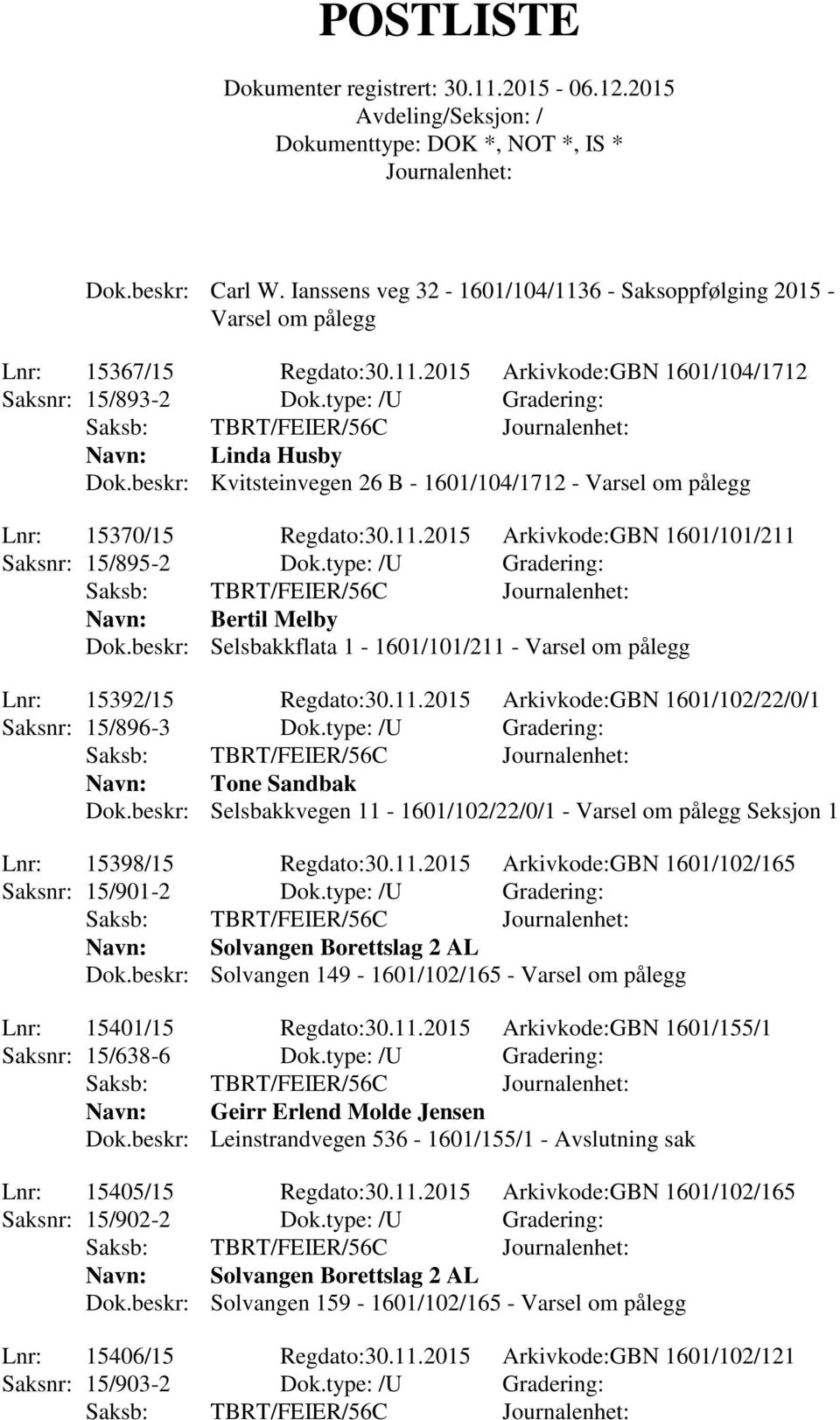 2015 Arkivkode:GBN 1601/101/211 Saksnr: 15/895-2 Dok.type: /U Gradering: Saksb: TBRT/FEIER/56C Bertil Melby Dok.beskr: Selsbakkflata 1-1601/101/211 - Varsel om pålegg Lnr: 15392/15 Regdato:30.11.2015 Arkivkode:GBN 1601/102/22/0/1 Saksnr: 15/896-3 Dok.