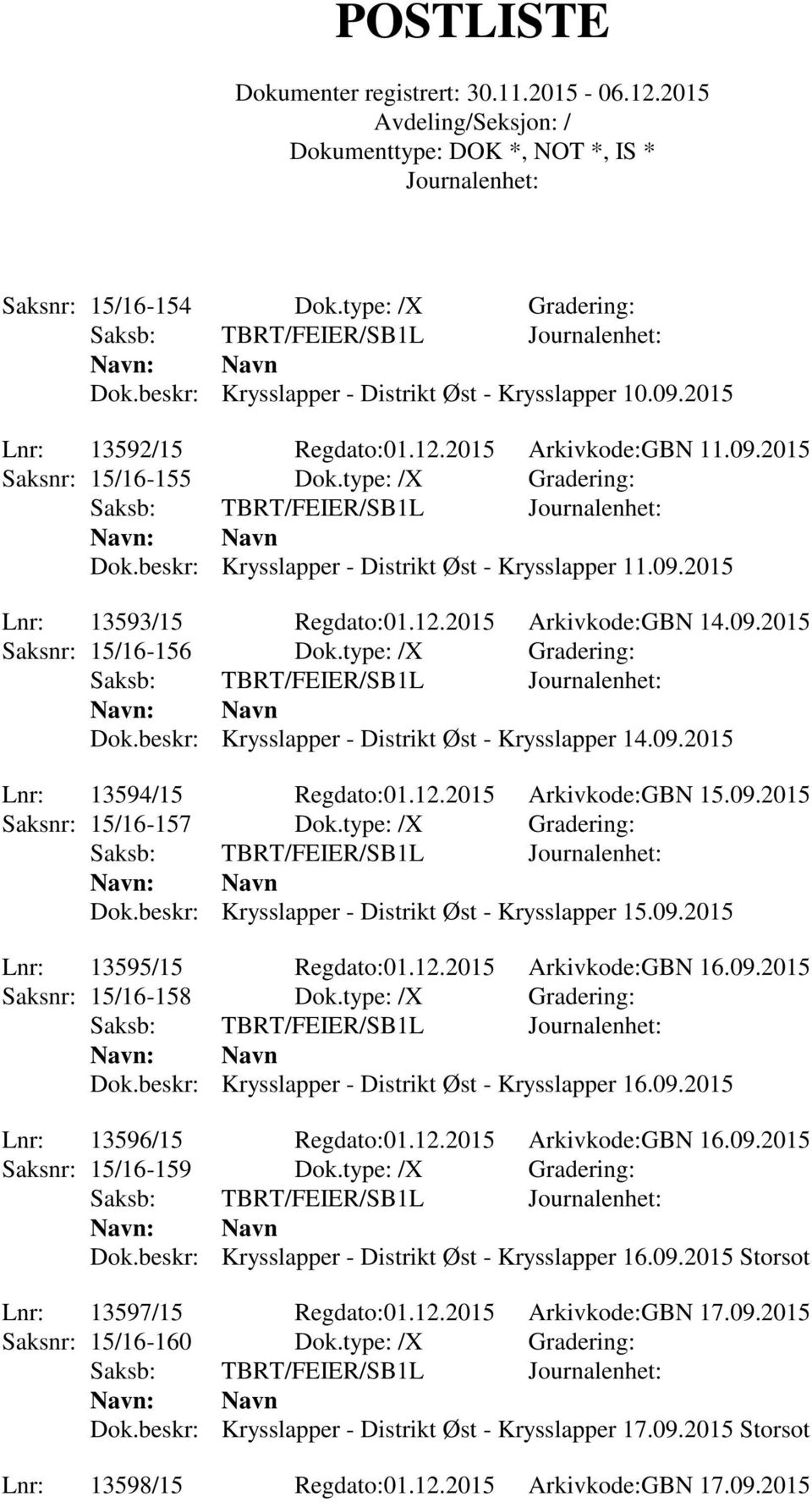 09.2015 Lnr: 13594/15 Regdato:01.12.2015 Arkivkode:GBN 15.09.2015 Saksnr: 15/16-157 Dok.type: /X Gradering: Dok.beskr: Krysslapper - Distrikt Øst - Krysslapper 15.09.2015 Lnr: 13595/15 Regdato:01.12.2015 Arkivkode:GBN 16.