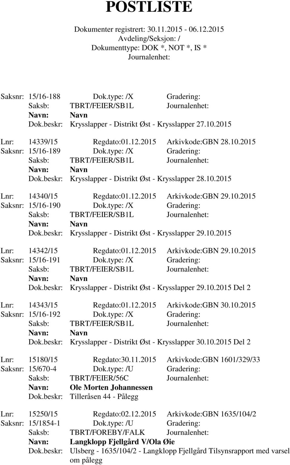 10.2015 Lnr: 14342/15 Regdato:01.12.2015 Arkivkode:GBN 29.10.2015 Saksnr: 15/16-191 Dok.type: /X Gradering: Dok.beskr: Krysslapper - Distrikt Øst - Krysslapper 29.10.2015 Del 2 Lnr: 14343/15 Regdato:01.