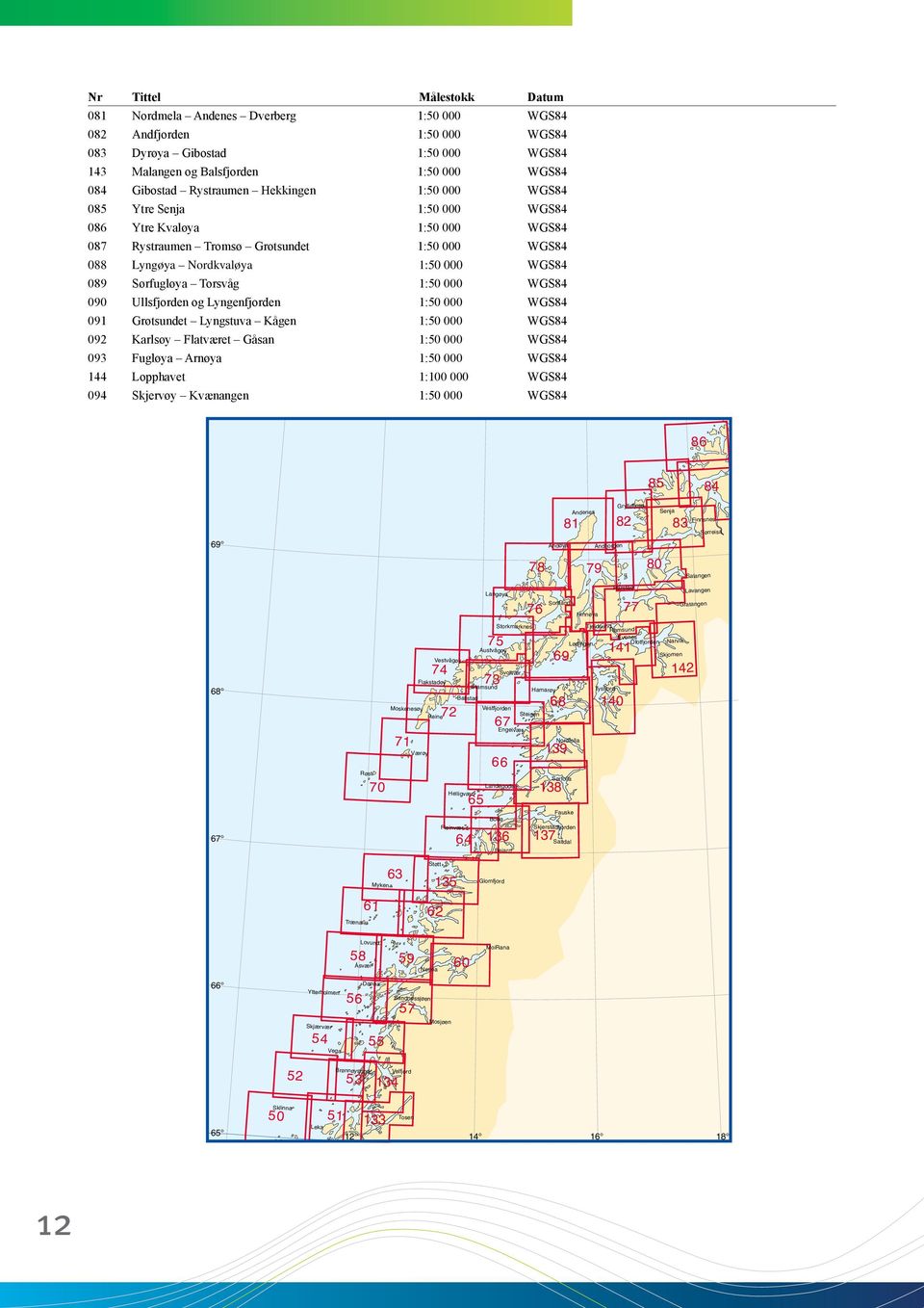 Torsvåg 1:50 000 WGS84 090 Ullsfjorden og Lyngenfjorden 1:50 000 WGS84 091 Grøtsundet Lyngstuva Kågen 1:50 000 WGS84 092 Karlsøy Flatværet Gåsan 1:50 000 WGS84 093 Fugløya Arnøya 1:50 000 WGS84 144