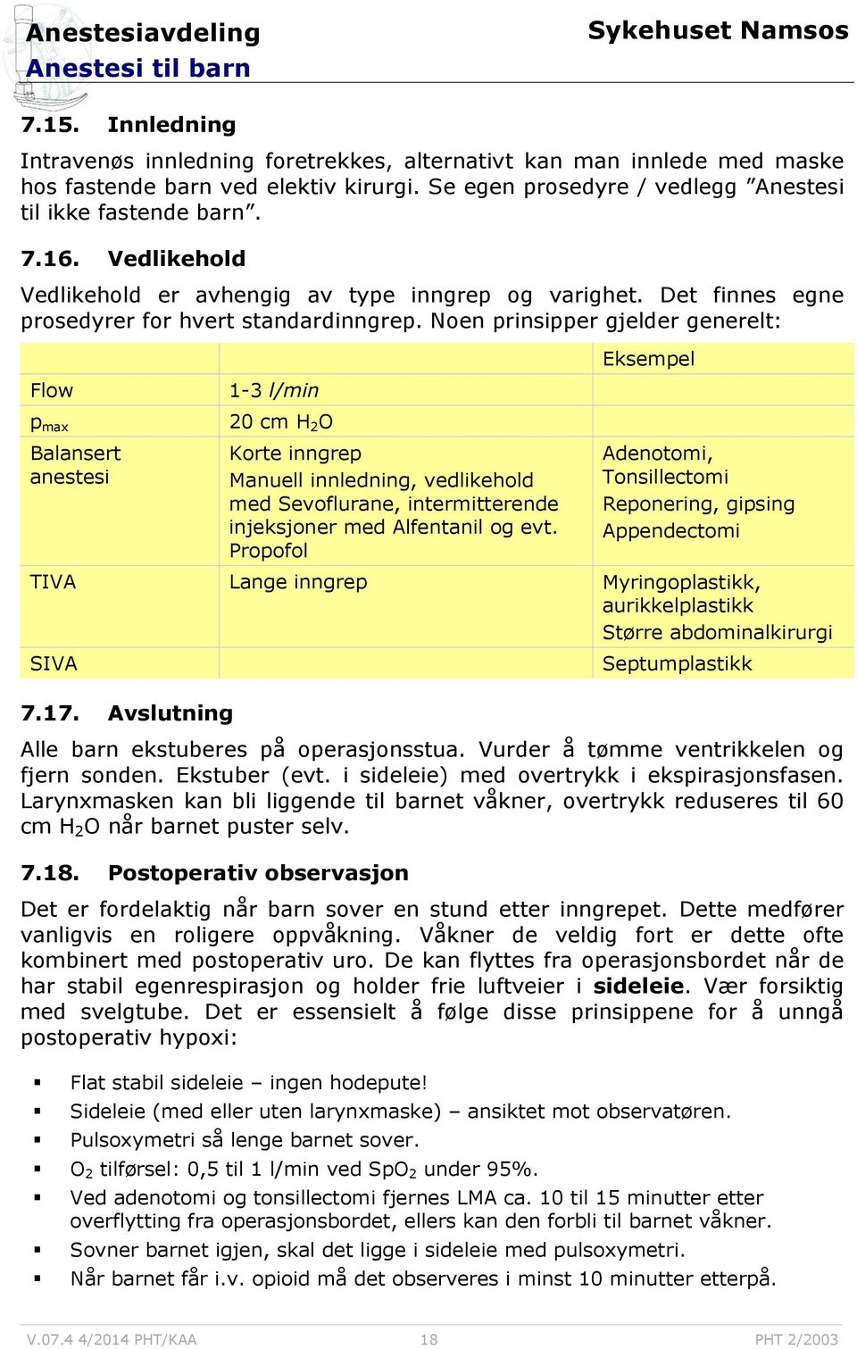 Noen prinsipper gjelder generelt: Flow p max Balansert anestesi 1-3 l/min 20 cm H 2 O Korte inngrep Manuell innledning, vedlikehold med Sevoflurane, intermitterende injeksjoner med Alfentanil og evt.