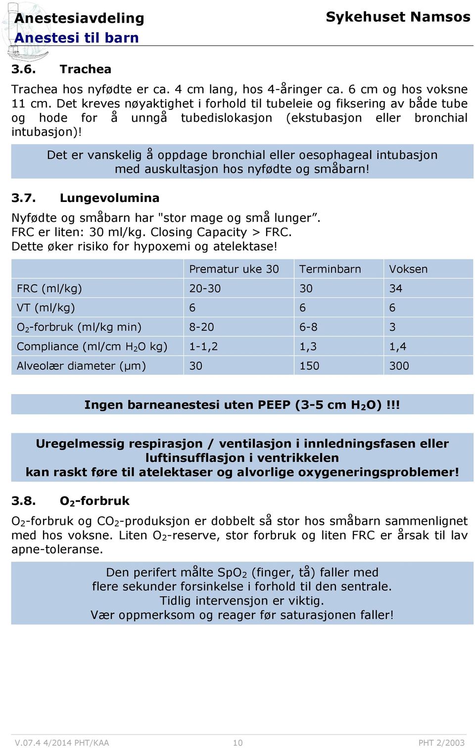 Det er vanskelig å oppdage bronchial eller oesophageal intubasjon med auskultasjon hos nyfødte og småbarn! 3.7. Lungevolumina Nyfødte og småbarn har "stor mage og små lunger. FRC er liten: 30 /kg.