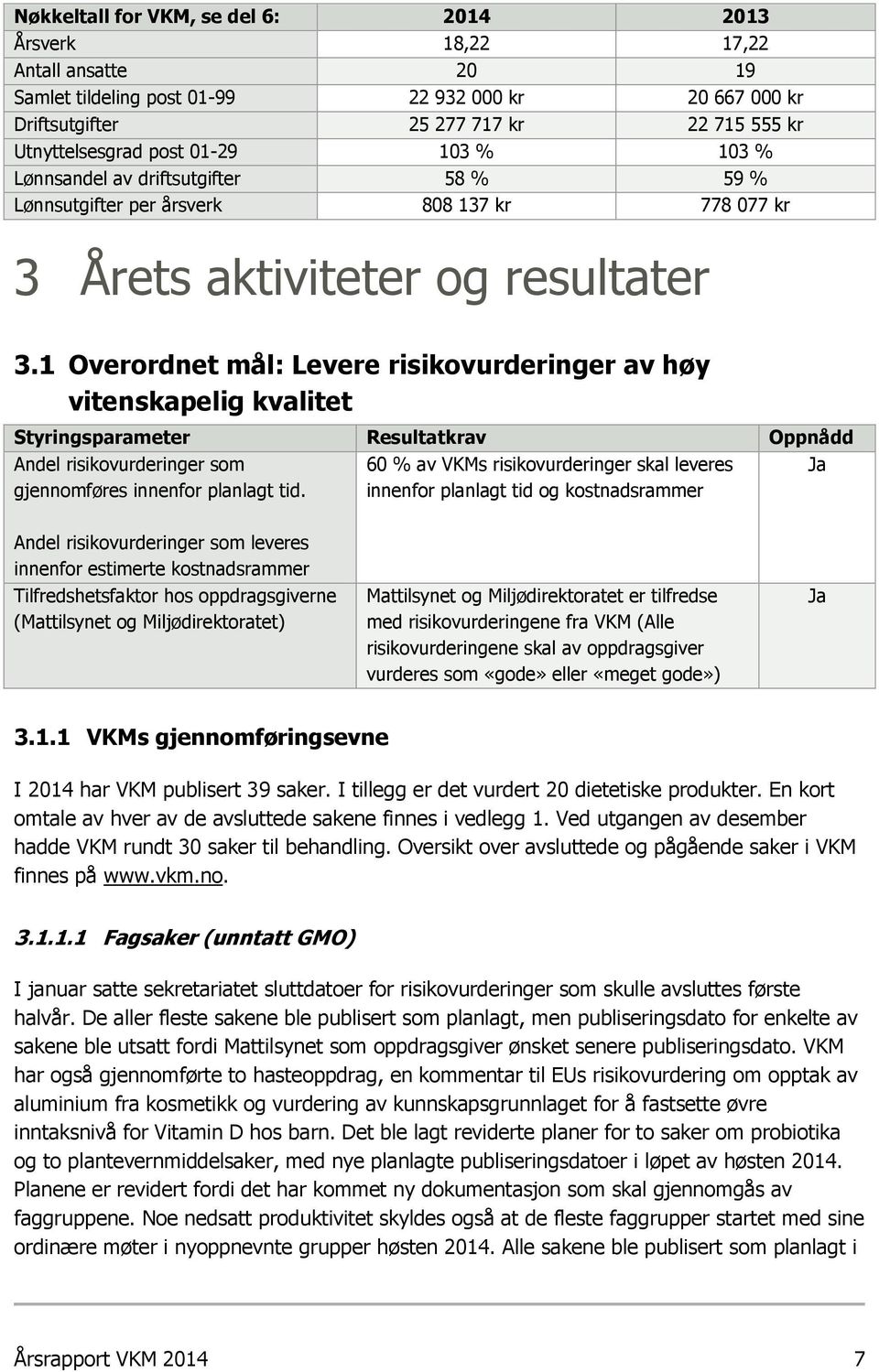 1 Overordnet mål: Levere risikovurderinger av høy vitenskapelig kvalitet Styringsparameter Resultatkrav Oppnådd Andel risikovurderinger som 60 % av VKMs risikovurderinger skal leveres Ja gjennomføres