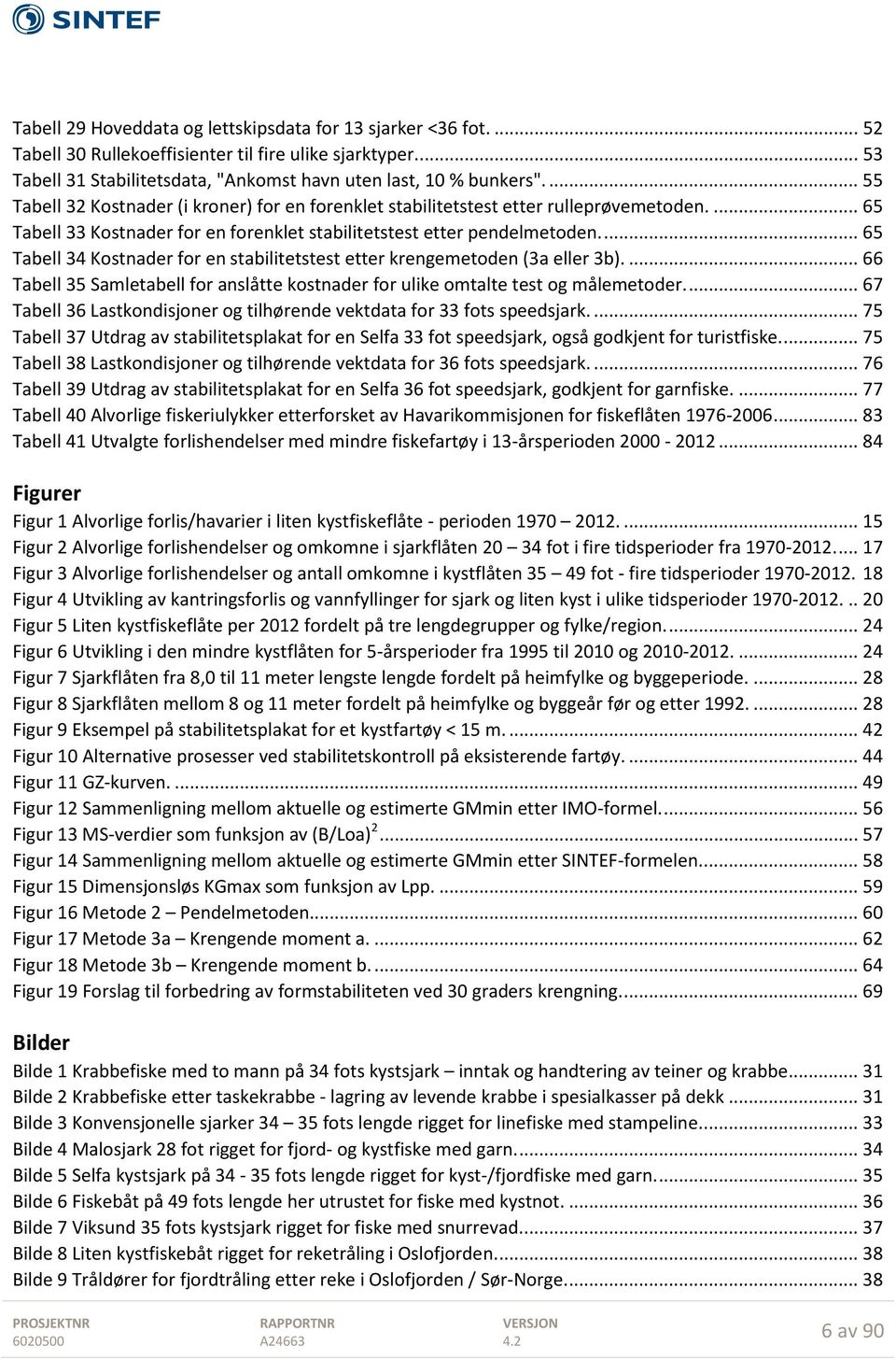 ... 65 Tabell 34 Kostnader for en stabilitetstest etter krengemetoden (3a eller 3b).... 66 Tabell 35 Samletabell for anslåtte kostnader for ulike omtalte test og målemetoder.