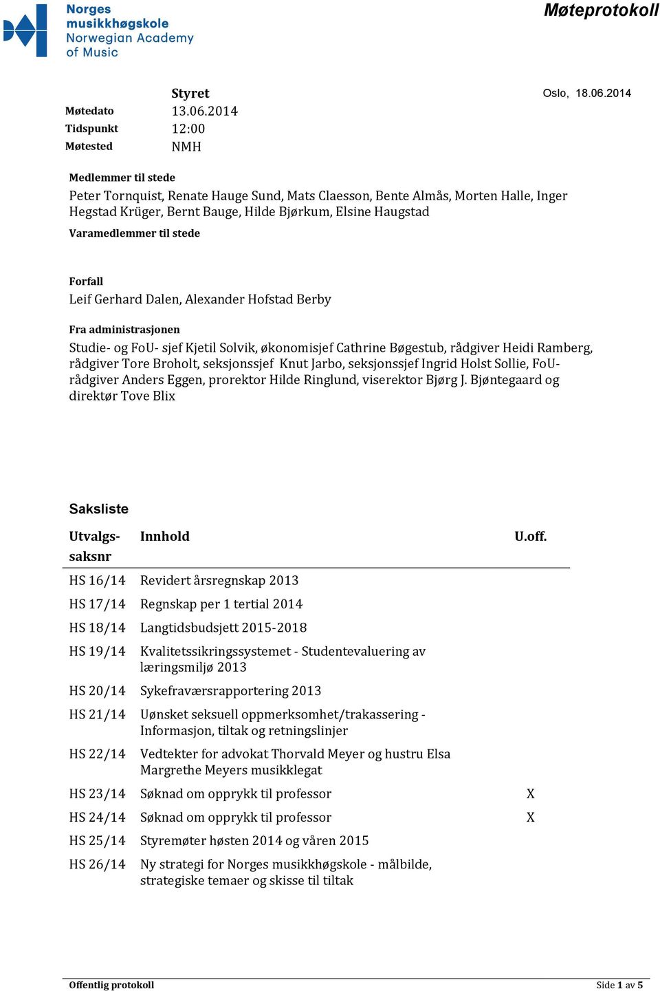 2014 Tidspunkt 12:00 Møtested NMH Medlemmer til stede Peter Tornquist, Renate Hauge Sund, Mats Claesson, Bente Almås, Morten Halle, Inger Hegstad Krüger, Bernt Bauge, Hilde Bjørkum, Elsine Haugstad