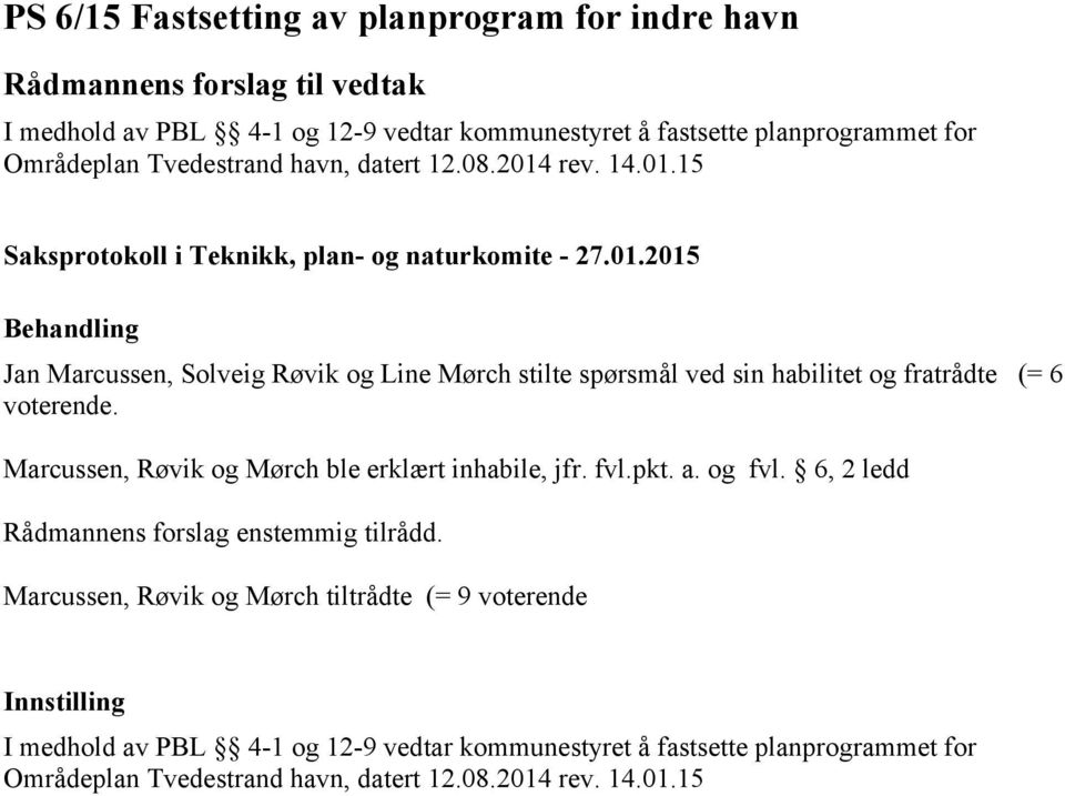 Marcussen, Røvik og Mørch ble erklært inhabile, jfr. fvl.pkt. a. og fvl. 6, 2 ledd Rådmannens forslag enstemmig tilrådd.