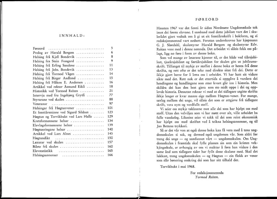 Andersen 16 Artikkel ved rektor Asmund Eikli 18 Historikk ved Tormod Reiten 21 Intervju med fru Ingebjorg Grytli 77 Styrarane ved skulen 88 Veteranar 97 Helsingar fra Hogtunvener 101 Et femtiarsminne