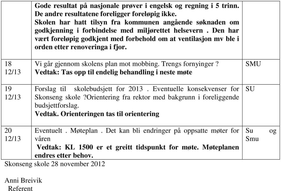 en har vært foreløpig godkjent med forbehold om at ventilasjon mv ble i orden etter renoveringa i fjor. Vi går gjennom skolens plan mot mobbing. Trengs fornyinger?