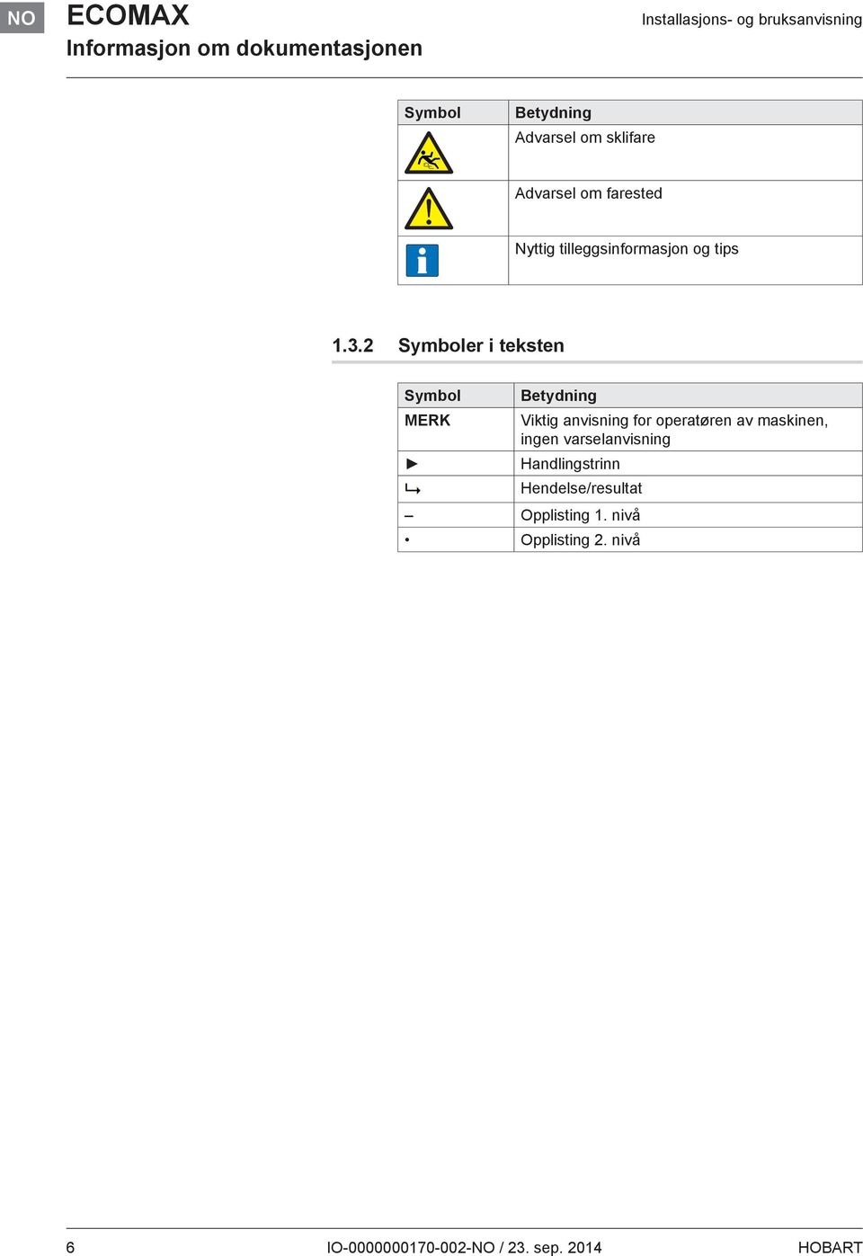 2 Symboler i teksten Symbol MERK Betydning Viktig anvisning for operatøren av maskinen, ingen