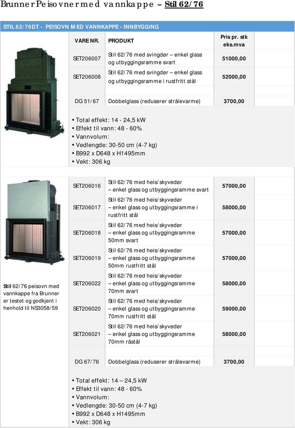 D648 x H1495mm Vekt: 306 kg SET206016 svart SET206017 i 58000,00 SET206018 SET206019 50mm Stil 62/76 peisovn med vannkappe fra Brunner er testet og godkjent i henhold til NS3058/59 SET206022