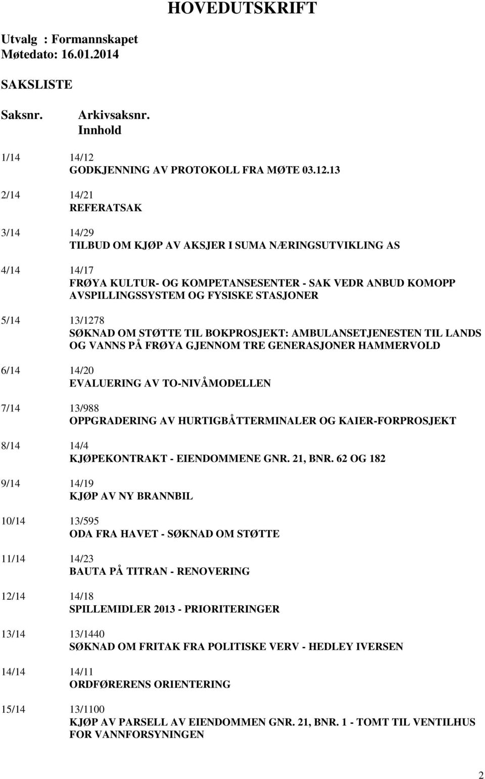 13 2/14 14/21 REFERATSAK 3/14 14/29 TILBUD OM KJØP AV AKSJER I SUMA NÆRINGSUTVIKLING AS 4/14 14/17 FRØYA KULTUR- OG KOMPETANSESENTER - SAK VEDR ANBUD KOMOPP AVSPILLINGSSYSTEM OG FYSISKE STASJONER