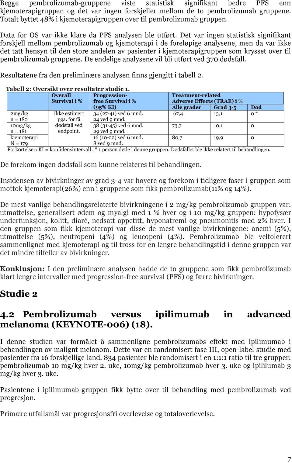 Det var ingen statistisk signifikant forskjell mellom pembrolizumab og kjemoterapi i de foreløpige analysene, men da var ikke det tatt hensyn til den store andelen av pasienter i kjemoterapigruppen