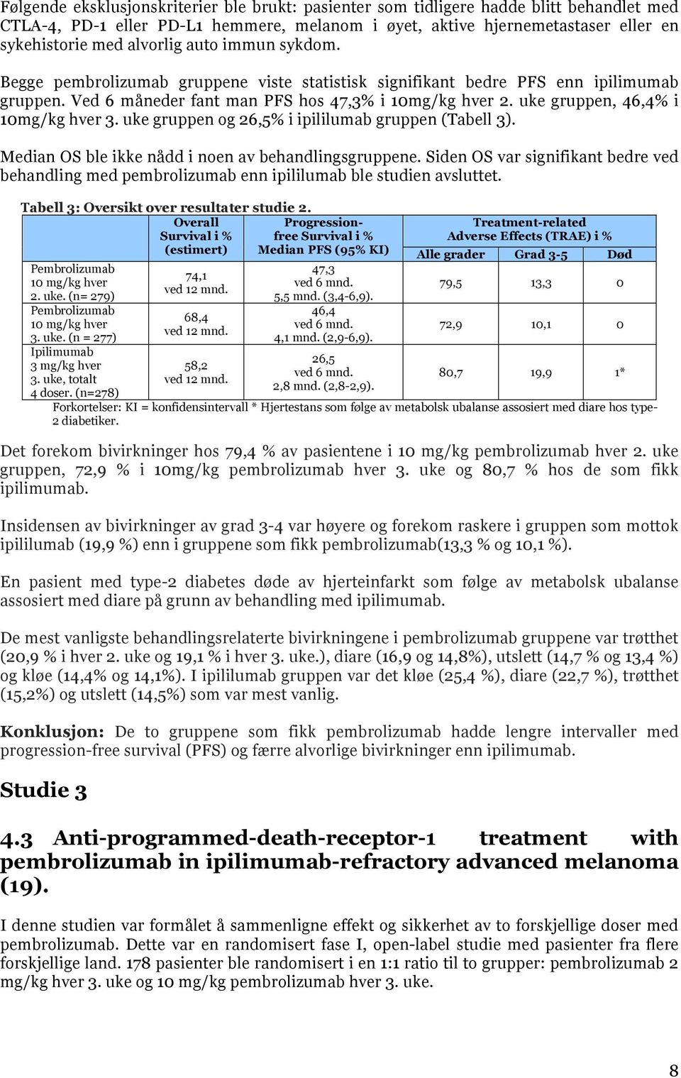 uke gruppen, 46,4% i 10mg/kg hver 3. uke gruppen og 26,5% i ipililumab gruppen (Tabell 3). Median OS ble ikke nådd i noen av behandlingsgruppene.