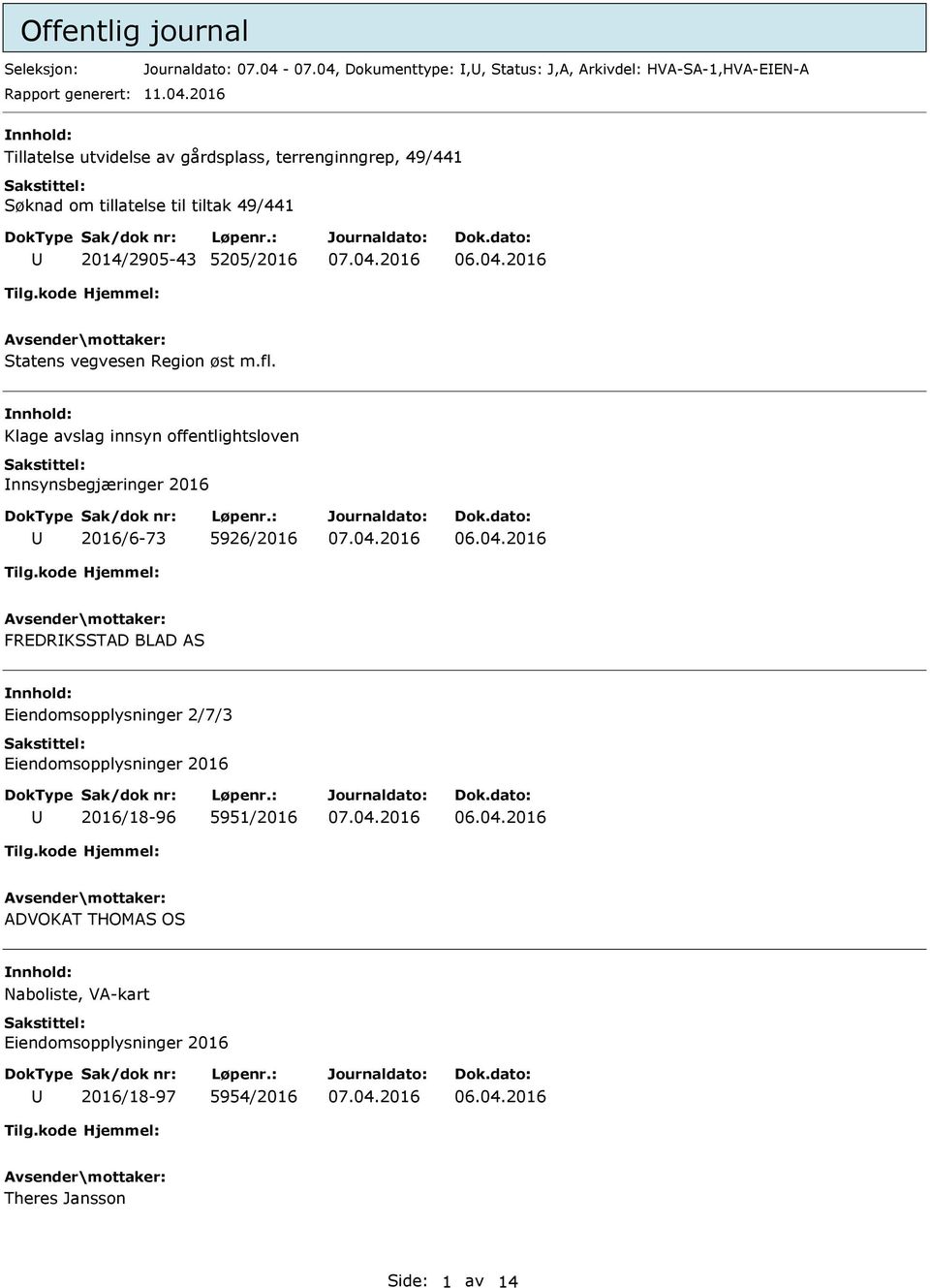 Dokumenttype:,, Status: J,A, Arkivdel: HVA-SA-1,HVA-EEN-A 11.04.