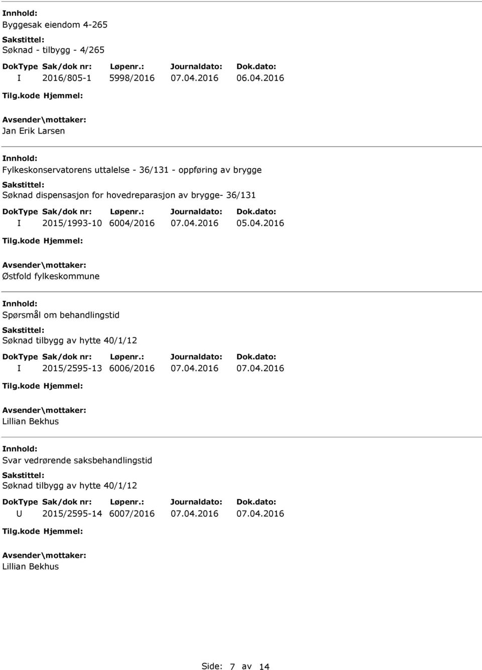 Østfold fylkeskommune Spørsmål om behandlingstid Søknad tilbygg av hytte 40/1/12 2015/2595-13 6006/2016 Lillian