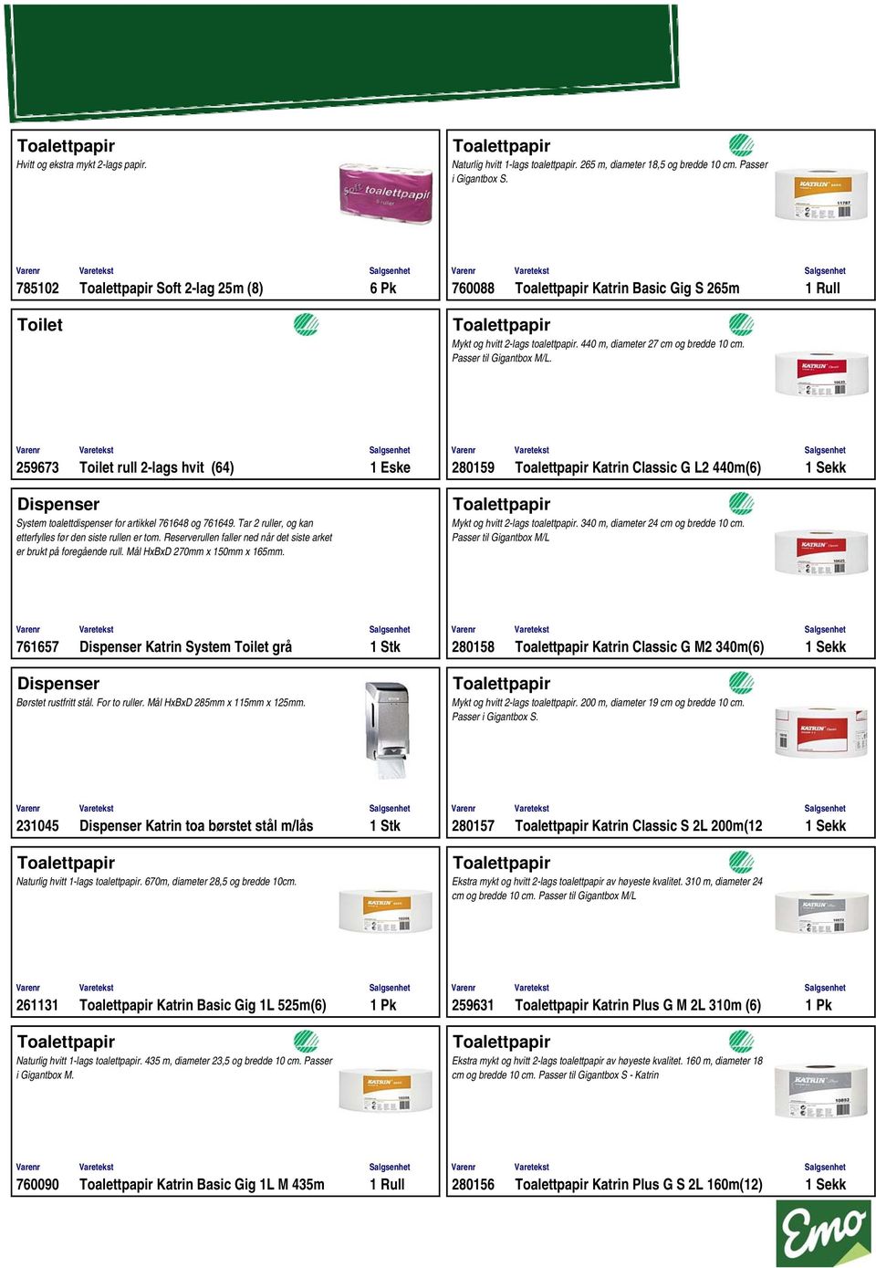 259673 Toilet rull 2-lags hvit (64) 1 Eske 280159 Katrin Classic G L2 440m(6) 1 Sekk System toalettdispenser for artikkel 761648 og 761649.