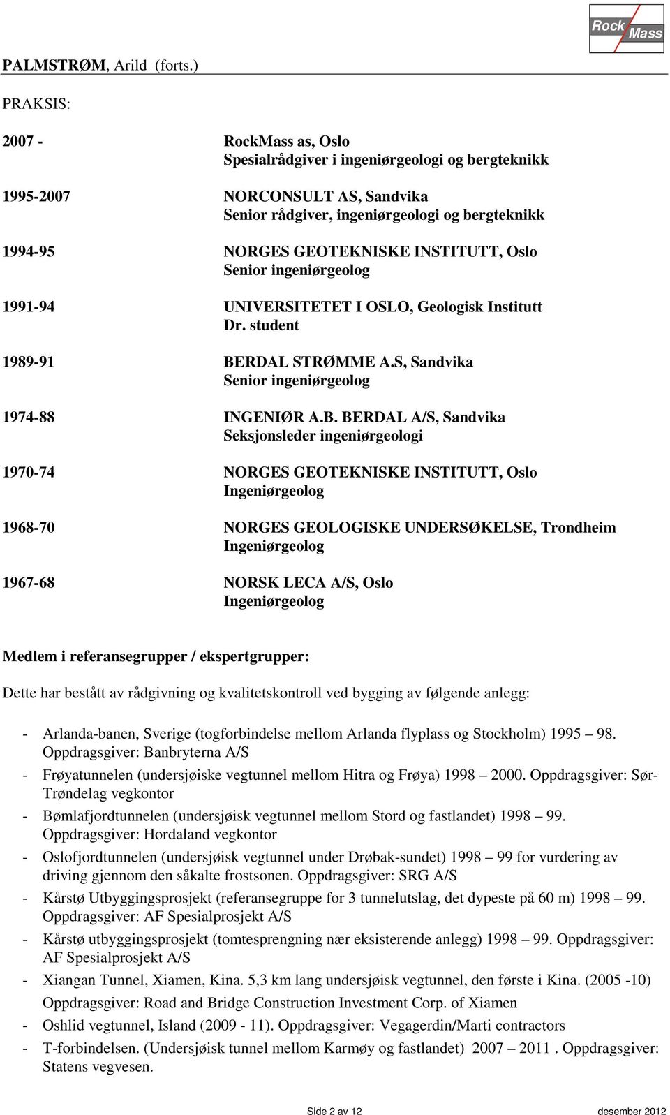 RDAL STRØMME A.S, Sandvika Senior ingeniørgeolog 1974-88 INGENIØR A.B.