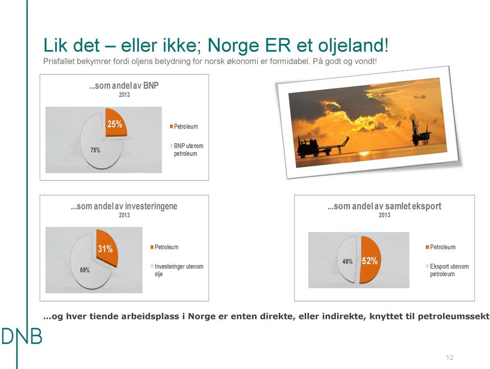 ...som andel av BNP 2013 25% Petroleum 75% BNP utenom petroleum...som andel av investeringene 2013.