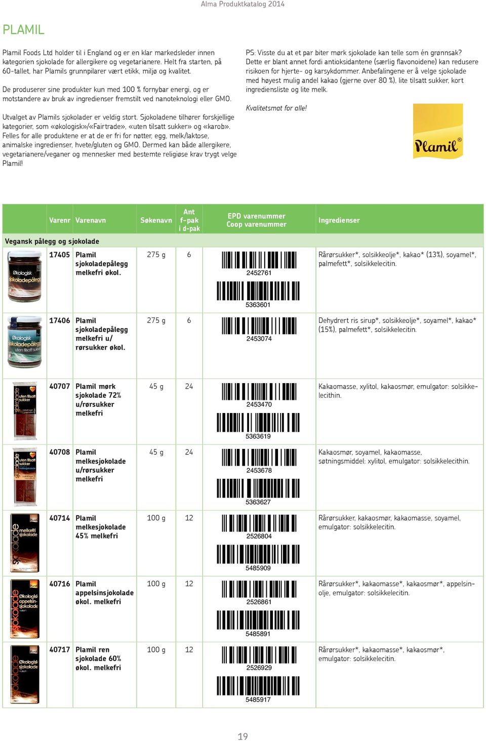 De produserer sine produkter kun med 100 % fornybar energi, og er motstandere av bruk av ingredienser fremstilt ved nanoteknologi eller GMO. Utvalget av Plamils sjokolader er veldig stort.