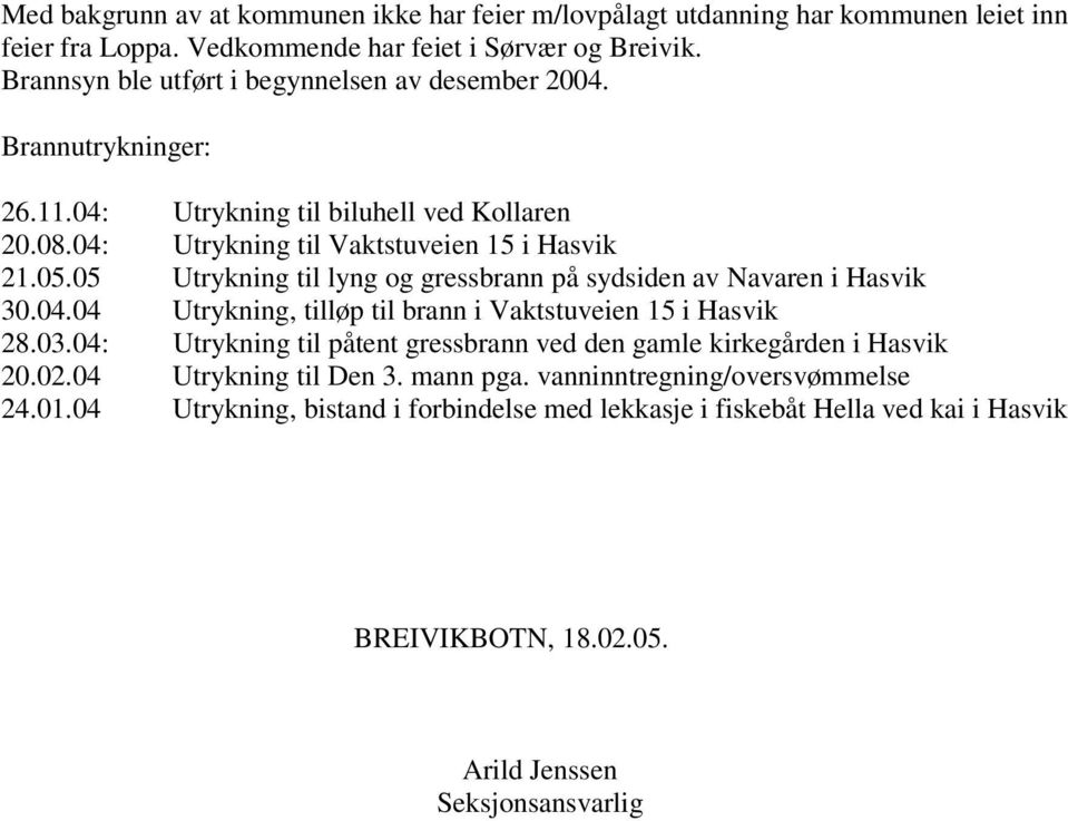 05 Utrykning til lyng og gressbrann på sydsiden av Navaren i Hasvik 30.04.04 Utrykning, tilløp til brann i Vaktstuveien 15 i Hasvik 28.03.