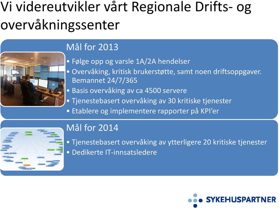 Bemannet 24/7/365 Basis overvåking av ca 4500 servere Tjenestebasert overvåking av 30 kritiske tjenester