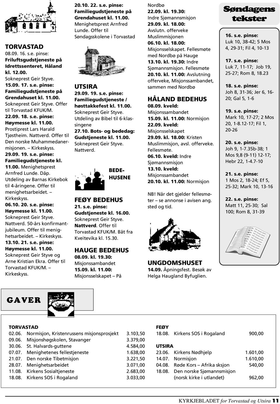 Dåp. Utdeling av Barnas Kirkebok til 4-åringene. Offer til menighetsarbeidet. Kirkeskyss. 06.10. 20. s.e. pinse: Høymesse kl. 11.00. Sokneprest Geir Styve. Nattverd. 50-års konfirmantjubileum.