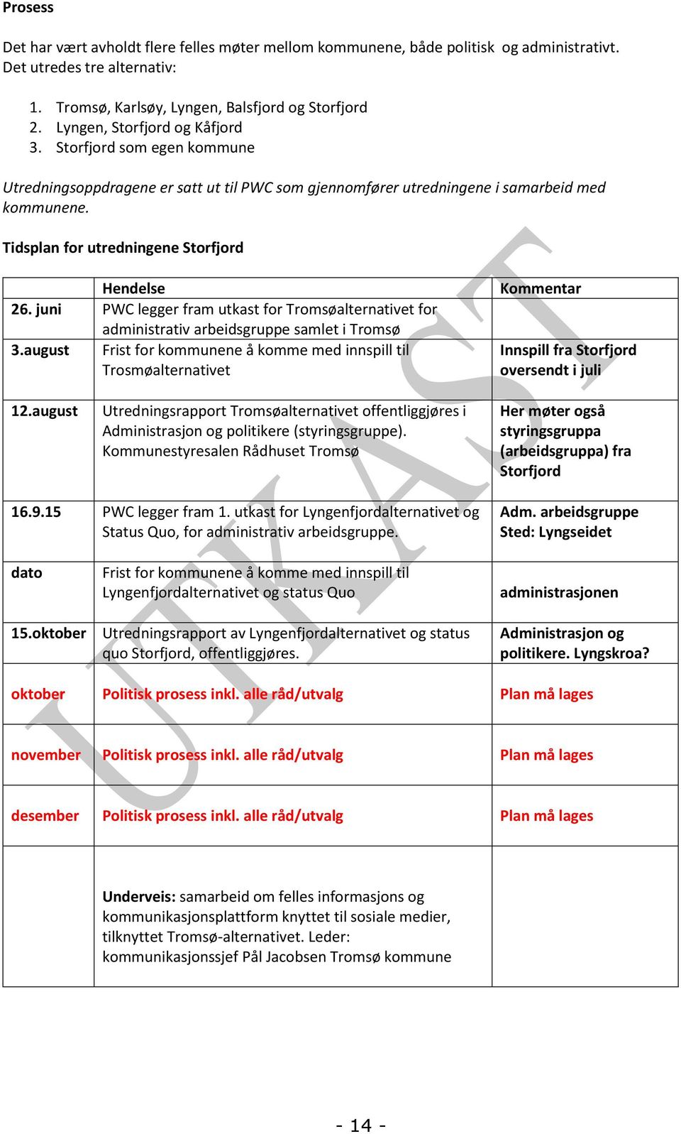 Tidsplan for utredningene Storfjord Hendelse 26. juni PWC legger fram utkast for Tromsøalternativet for administrativ arbeidsgruppe samlet i Tromsø 3.