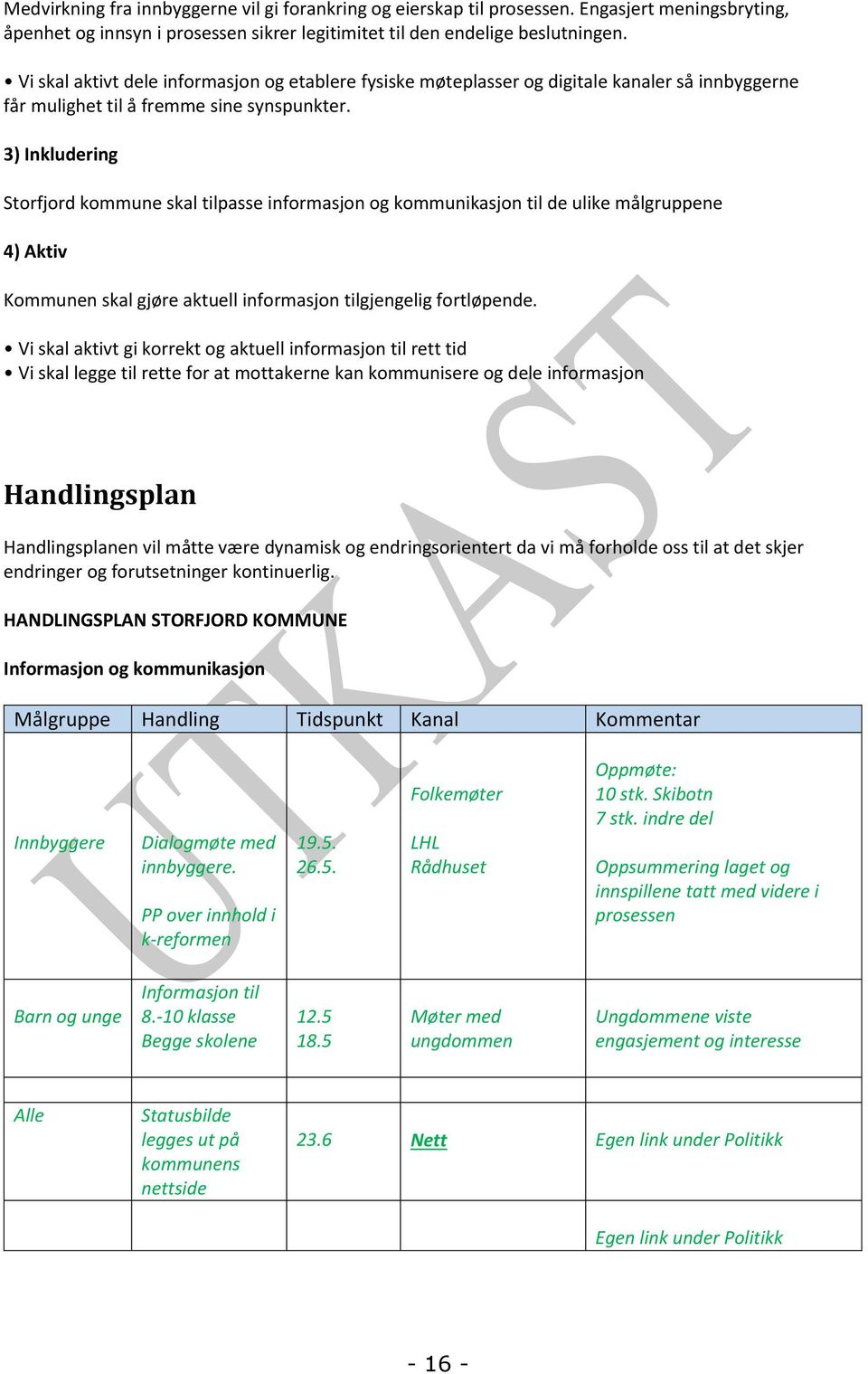 3) Inkludering Storfjord kommune skal tilpasse informasjon og kommunikasjon til de ulike målgruppene 4) Aktiv Kommunen skal gjøre aktuell informasjon tilgjengelig fortløpende.