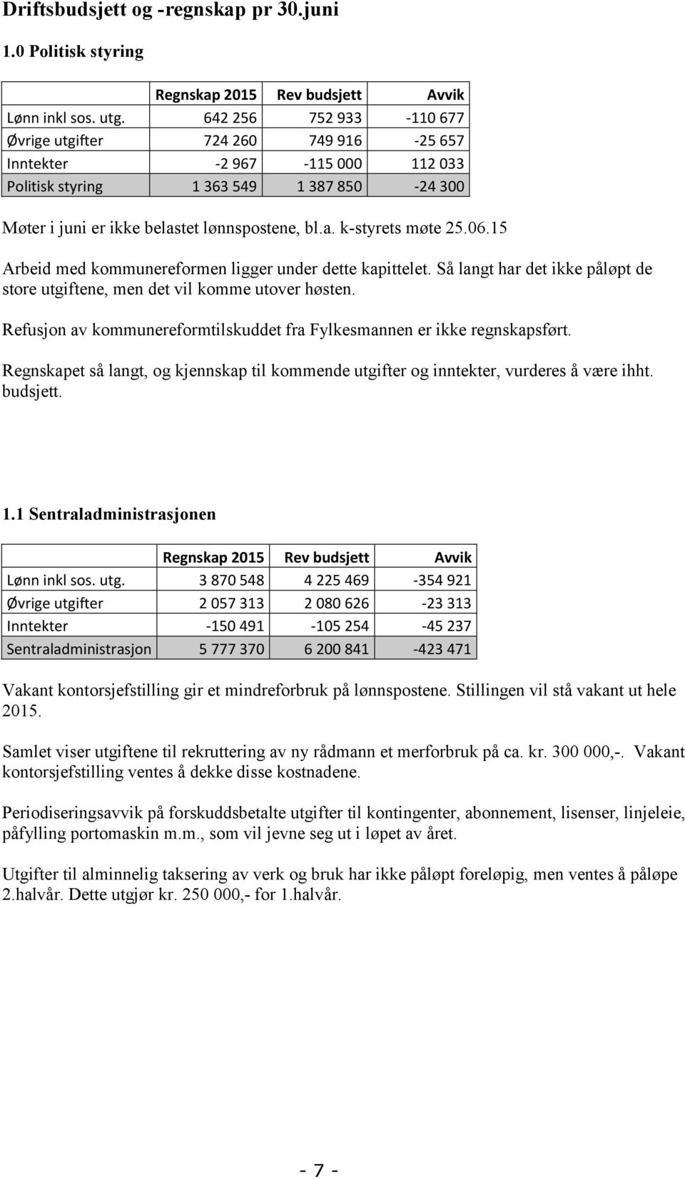 06.15 Arbeid med kommunereformen ligger under dette kapittelet. Så langt har det ikke påløpt de store utgiftene, men det vil komme utover høsten.