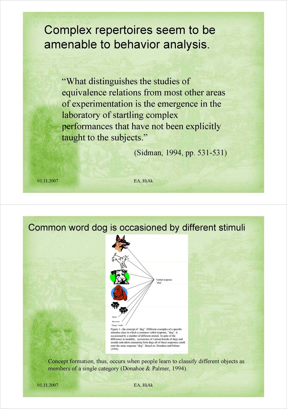 taught to the subjects. (Sidman, 1994, pp. 531-531) Common word dog is occasioned by different stimuli Verbal response dog Growl Bow-wow Doggy smells Figure 1 - the concept of dog.