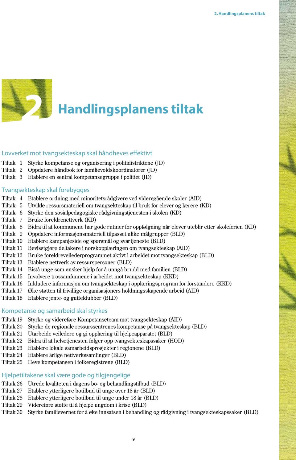 videregående skoler (AID) Tiltak 5 Utvikle ressursmateriell om tvangsekteskap til bruk for elever og lærere (KD) Tiltak 6 Styrke den sosialpedagogiske rådgivningstjenesten i skolen (KD) Tiltak 7