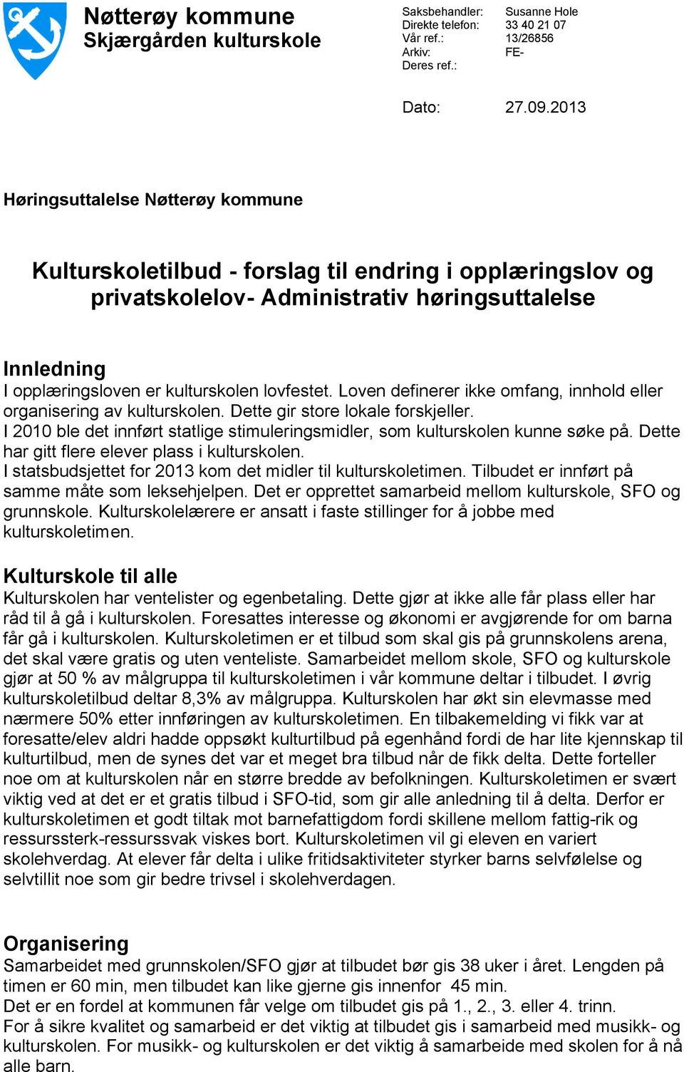 Loven definerer ikke omfang, innhold eller organisering av kulturskolen. Dette gir store lokale forskjeller. I 2010 ble det innført statlige stimuleringsmidler, som kulturskolen kunne søke på.