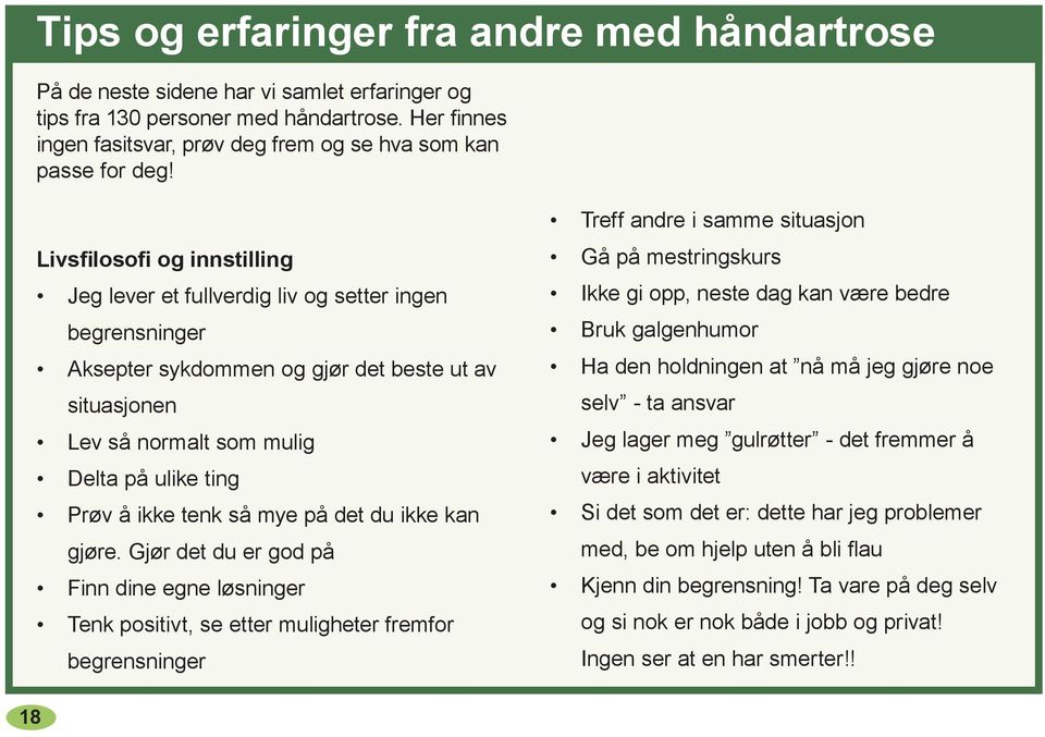 Livsfilosofi og innstilling Jeg lever et fullverdig liv og setter ingen begrensninger Aksepter sykdommen og gjør det beste ut av situasjonen Lev så normalt som mulig Delta på ulike ting Prøv å ikke