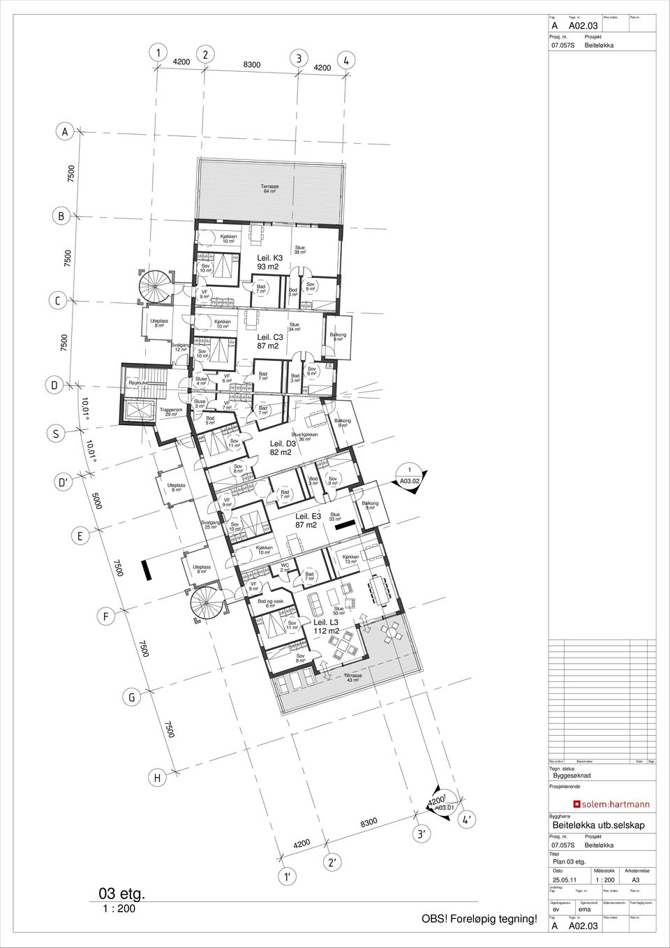 D3 82 m2 Stue/kjøkken 36 m² Balkong D' E 10,01 5000 7500 Uteplass 8 m² Svalgang 25 m² Uteplass 8 m² VF 8 m² VF Kjøkken Bad WC 2 m² Bod 3 m² Leil. E3 87 m2 Bad Stue 33 m² Kjøkken 13 m² Balkong 1 A03.