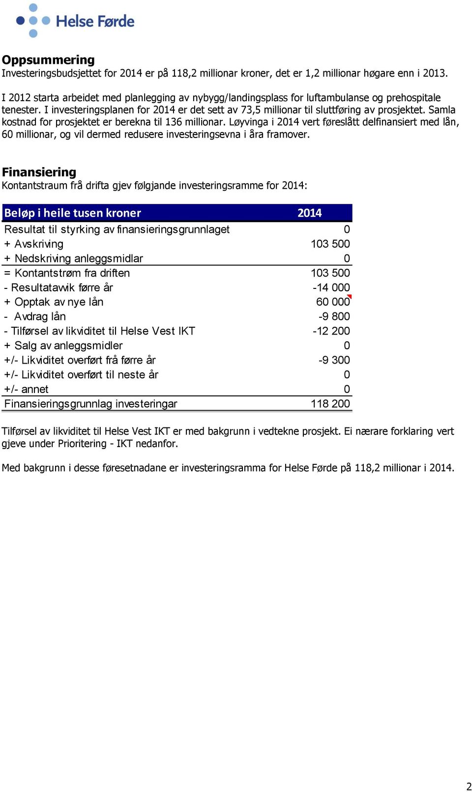 Samla kostnad for prosjektet er berekna til 136 millionar. Løyvinga i 2014 vert føreslått delfinansiert med lån, 60 millionar, og vil dermed redusere investeringsevna i åra framover.