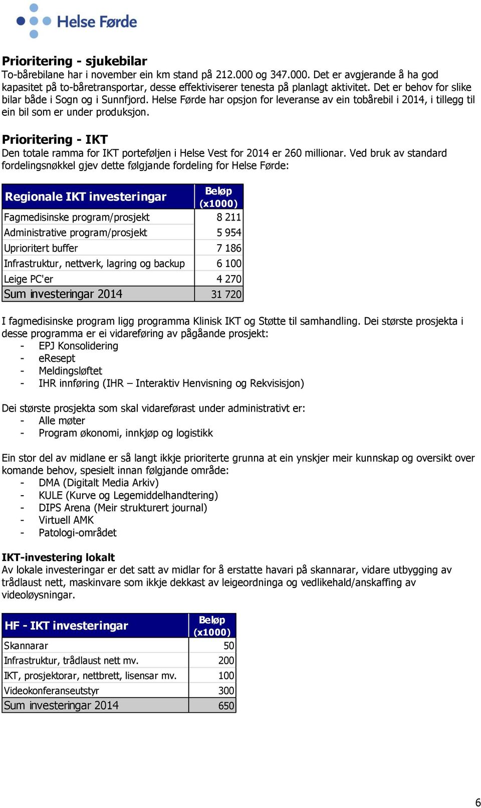 Prioritering - IKT Den totale ramma for IKT porteføljen i Helse Vest for 2014 er 260 millionar.