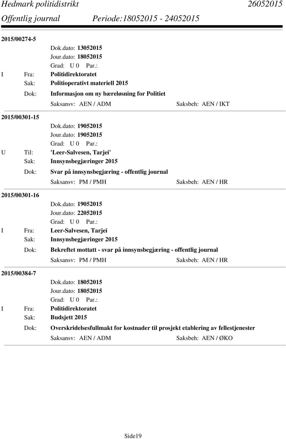 Til: 'Leer-Salvesen, Tarjei' Sak: Innsynsbegjæringer 2015 Svar på innsynsbegjæring - offentlig journal Saksansv: PM / PMH 2015/00301-16 I Fra: Leer-Salvesen, Tarjei Sak: