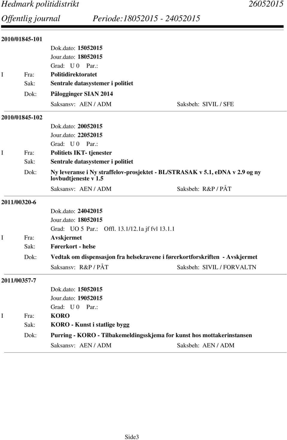 Sentrale datasystemer i politiet Ny leveranse i Ny straffelov-prosjektet - BL/STRASAK v 5.1, edna v 2.9 og ny lovbudtjeneste v 1.5 Saksansv: AEN / ADM Saksbeh: R&P / PÅT 2011/00320-6 Dok.