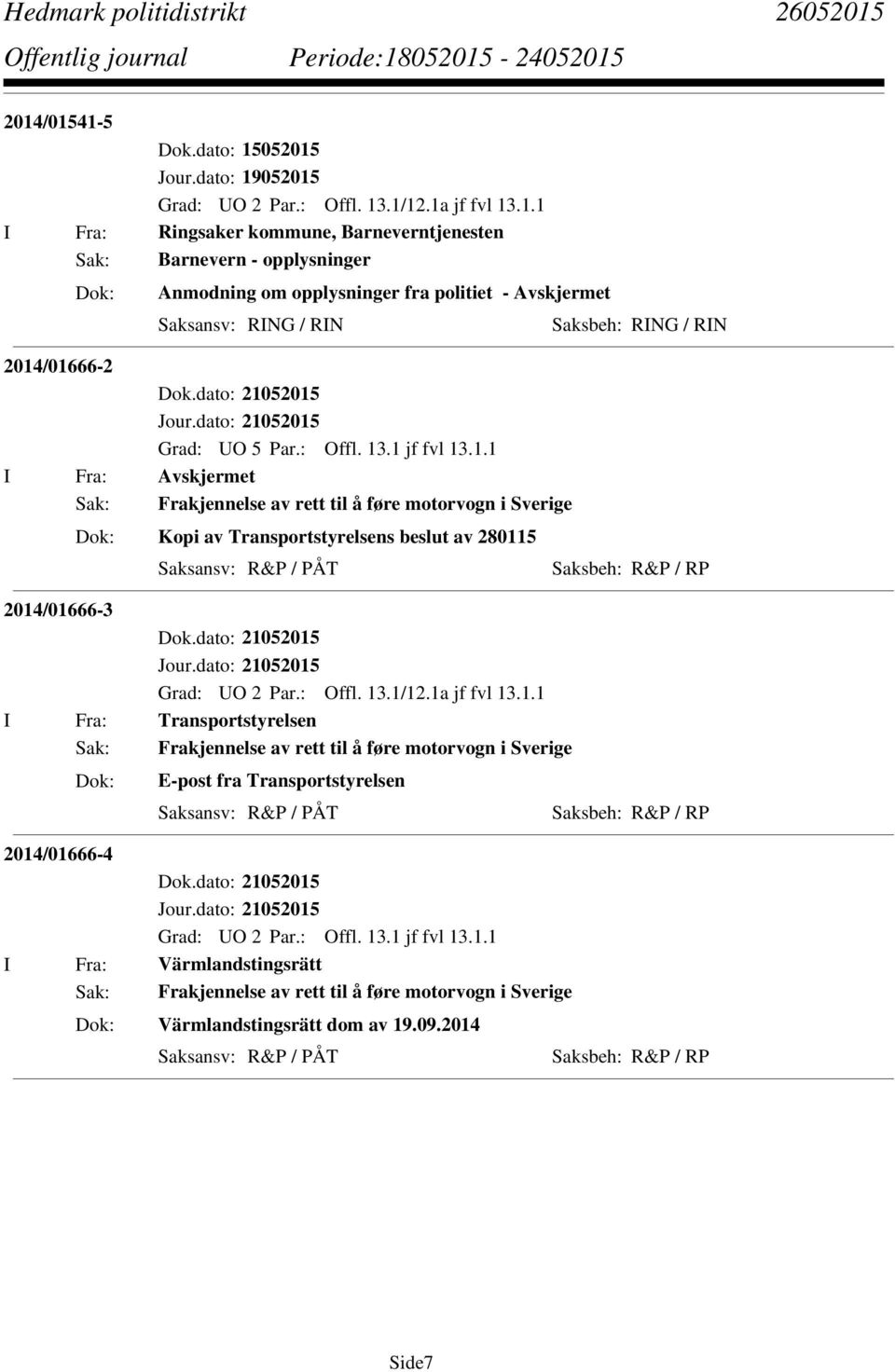 dato: 21052015 I Fra: Transportstyrelsen Sak: Frakjennelse av rett til å føre motorvogn i Sverige E-post fra Transportstyrelsen Saksansv: R&P / PÅT Saksbeh: R&P / RP 2014/01666-4 Dok.