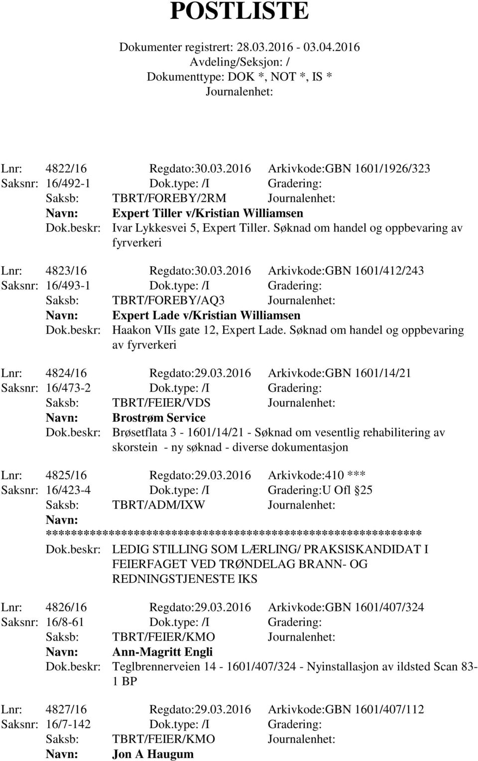 type: /I Gradering: Saksb: TBRT/FOREBY/AQ3 Expert Lade v/kristian Williamsen Dok.beskr: Haakon VIIs gate 12, Expert Lade. Søknad om handel og oppbevaring av fyrverkeri Lnr: 4824/16 Regdato:29.03.