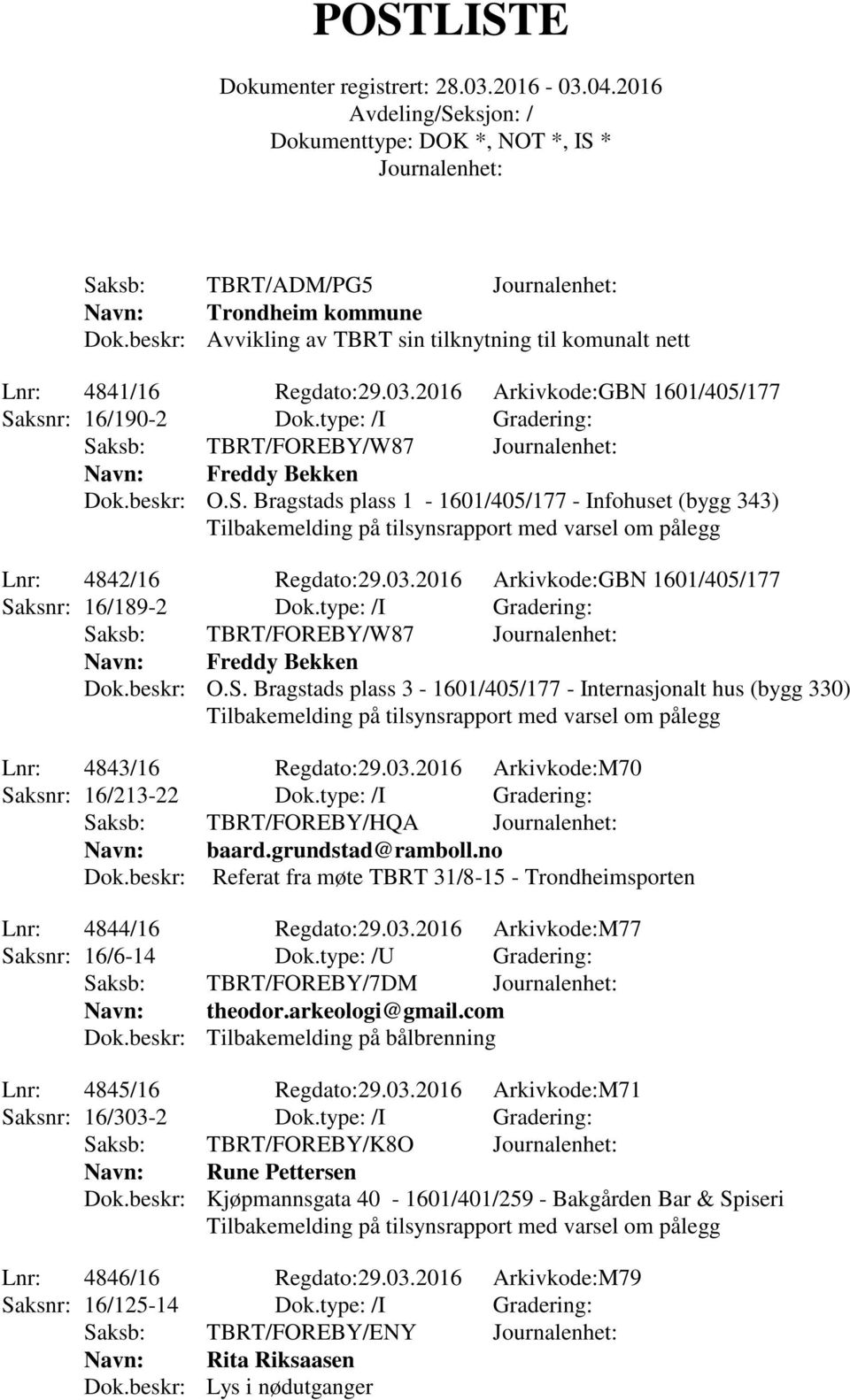 03.2016 Arkivkode:GBN 1601/405/177 Saksnr: 16/189-2 Dok.type: /I Gradering: Saksb: TBRT/FOREBY/W87 Freddy Bekken Dok.beskr: O.S. Bragstads plass 3-1601/405/177 - Internasjonalt hus (bygg 330) Tilbakemelding på tilsynsrapport med varsel om pålegg Lnr: 4843/16 Regdato:29.