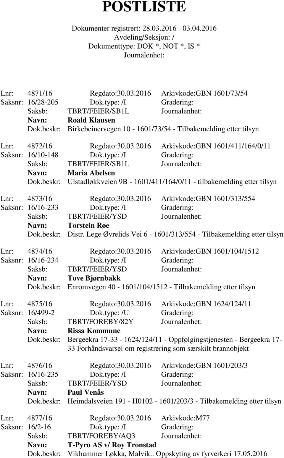 type: /I Gradering: Saksb: TBRT/FEIER/SB1L Maria Abelsen Dok.beskr: Ulstadløkkveien 9B - 1601/411/164/0/11 - tilbakemelding etter tilsyn Lnr: 4873/16 Regdato:30.03.