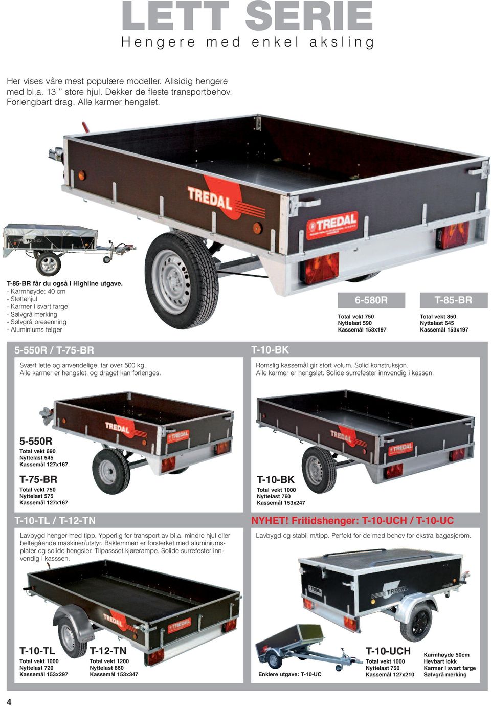 - Karmhøyde: 40 cm - Støttehjul - Karmer i svart farge - Sølvgrå merking - Sølvgrå presenning - Aluminiums felger 5-550R / T-75-BR T-10-BK 6-580R Total vekt 750 Nyttelast 590 Kassemål 153x197 T-85-BR