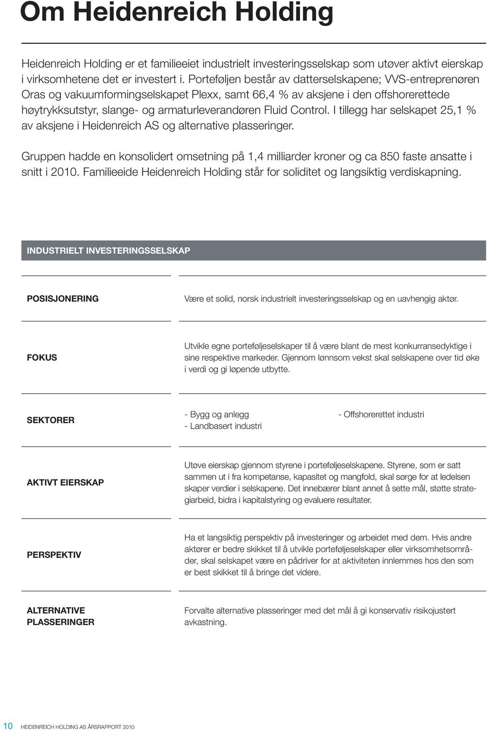 Control. I tillegg har selskapet 25,1 % av aksjene i Heidenreich AS og alternative plasseringer. Gruppen hadde en konsolidert omsetning på 1,4 milliarder kroner og ca 850 faste ansatte i snitt i 2010.