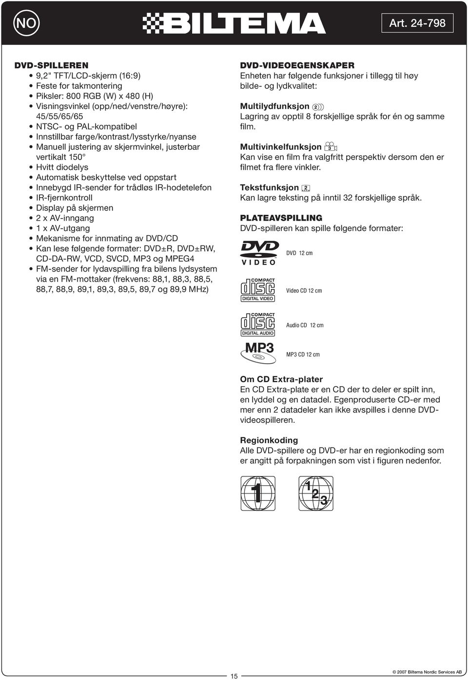 IR-fjernkontroll Display på skjermen 2 x AV-inngang 1 x AV-utgang Mekanisme for innmating av DVD/CD Kan lese følgende formater: DVD±R, DVD±RW, CD-DA-RW, VCD, SVCD, MP3 og MPEG4 FM-sender for